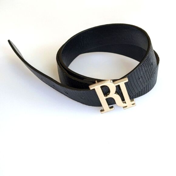 RIVER ISLAND Black Croc Embossed Belt Gold Monogram Buckle - Medium (Synthetic) - Picture 1 of 9